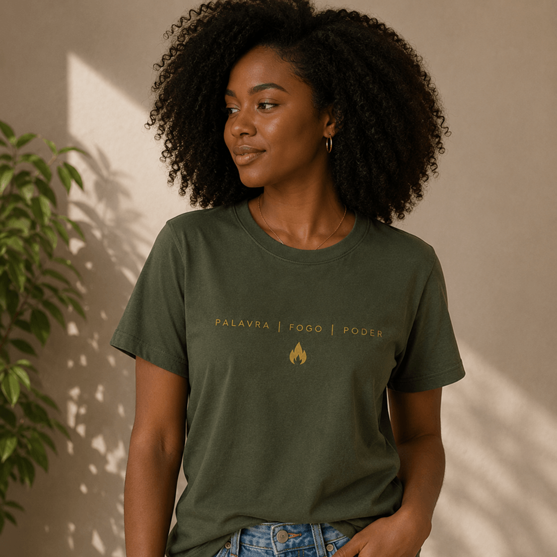 Camiseta Palavra Fogo Poder - Verde Militar